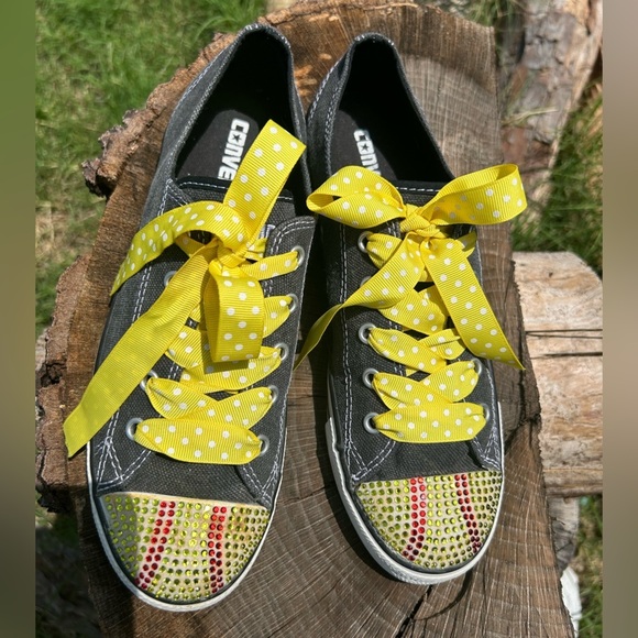 Converse All Star grey Sneakers w/Yellow laces & bling colorful toe Sz-8.  Ps - Picture 4 of 9